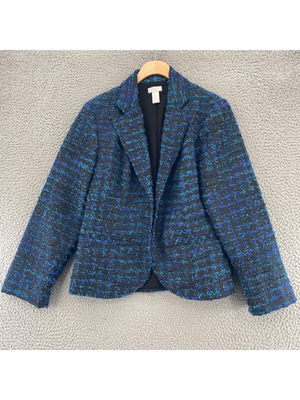 Chicos Blazer Womens 0 US 4 Blue Textured Embroidery Long Sleeve Jacket Pockets